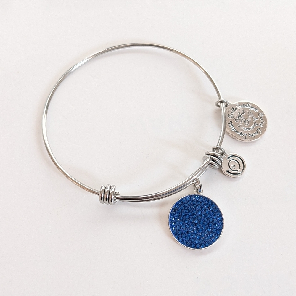 Silver Tone Love This Life Blue Rhinestone Heart Charm Swirl Layering Bracelet